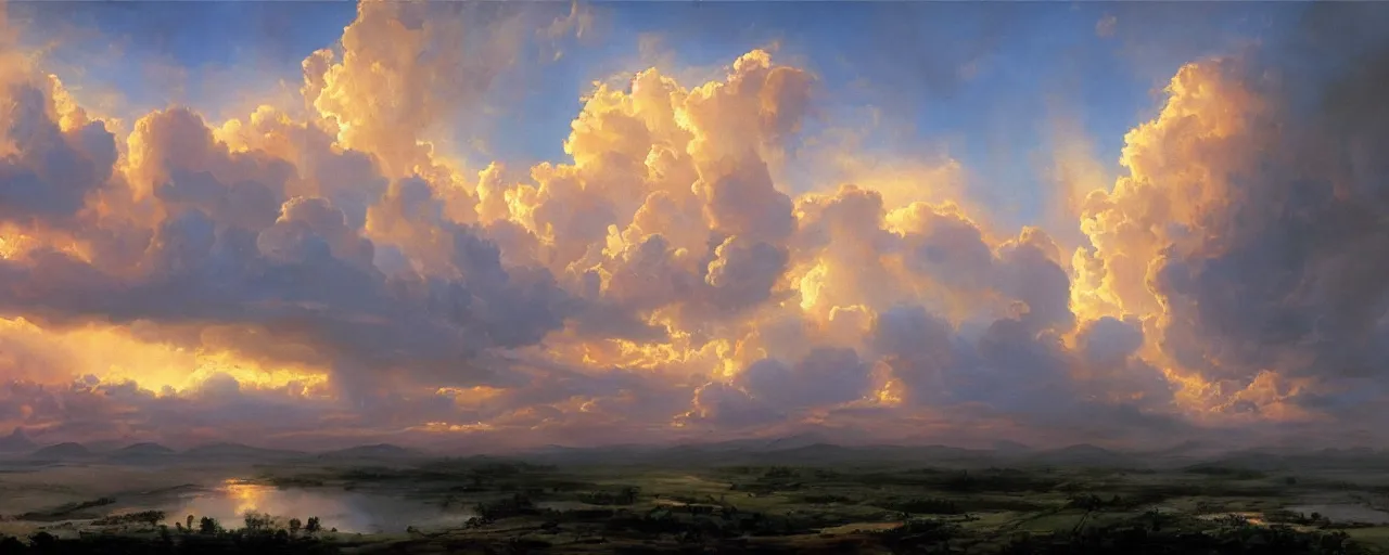 Prompt: massive cumulonimbus clouds at sunset. in the style of an incredible awe - inspiring oil on canvas mural painting by the great masters, unreal engine, 4 k, matte, exquisite detail, surreal and sublime