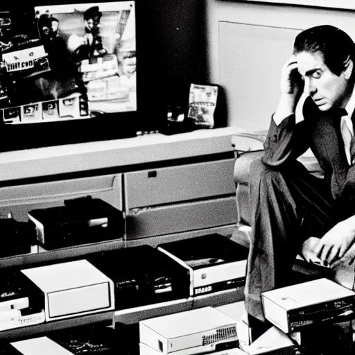 Image similar to michael corleone, dejected, sitting on a pile of xbox consoles, in front of a shelf of video game cd