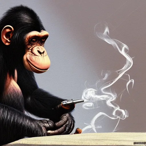 Image similar to a chimp wearing a suit smoking a cigar, dramatic lighting, cinematic, establishing shot, extremly high detail, photorealistic, cinematic lighting, artstation, style by James Gurney