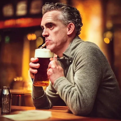 Prompt: jordan peterson drinking a delicious pint in a english - style pub, warm lighting, cozy, inviting, photo realistic