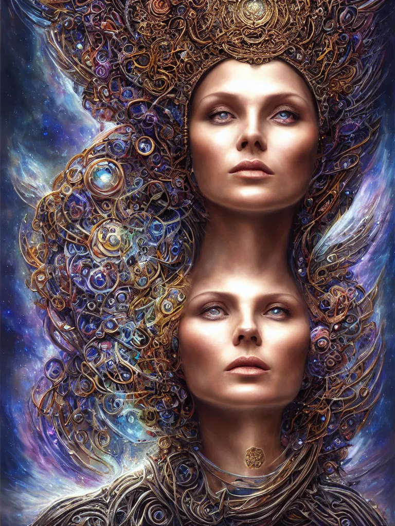 Prompt: single face portrait. very complex hyper-maximalist overdetailed cinematic cosmic scifi portrait of an elegant very attractive goddess of the universe by andrei riabovitchev, tomasz alen kopera, oleksandra shchaslyva. Omnious intricate. Secessionist portrait illustration. Goddess of the sky. Focus on face. Artstation. Deviantart. 8k 4k 64megapixel. Rendered by binx.ly.