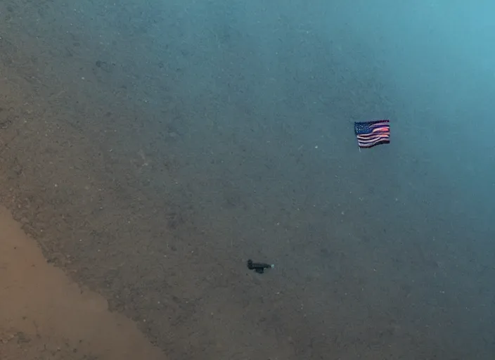 Prompt: astronaut underwater putting a flag in the sand of the bottom of the ocean. the remains of a submarine are visible in the distance. dark, concept art, cinematic, dramatic, atmospheric, 8 k, trending on artstation, low visibility, fog, ocean floor, christopher nolan, interstellar