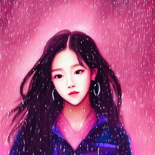 Image similar to ! dream portrait of jisoo blackpink, rainy background, pink bright art masterpiece artstation. 8 k, sharp high quality