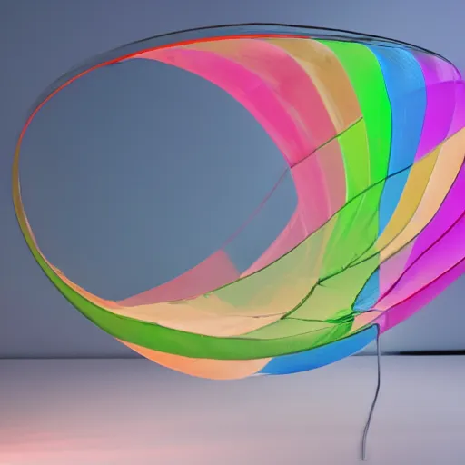 Image similar to an ultra high definition professional studio quality photograph of a transparent iridescent perspex pastel coloured inflatable abstract parachute furniture in an empty white room. dramatic lighting, ray tracing, refraction, shallow d. o. f, colour corrected, golden ratio, three point light. volumetric shadows. god rays.