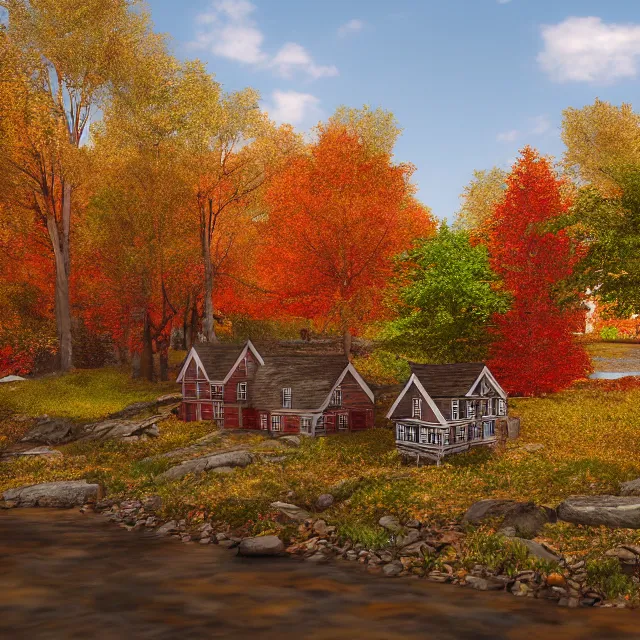 Image similar to small new england colonial village on a river in the white mountains of new hampshire, fall foliage, realistic, unreal engine render, octane render, hyper realistic, photo, 8 k