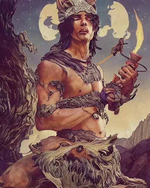 Prompt: spartan drinking tea at campfire with trichocereus background and smoke haze, wolf howling at full moon, photo in the style of the celestine prophecy, wlop, artgerm, greg rutkowski and alphonse mucha yoichi hatakenaka, masamune shirow, josan gonzales and dan mumford, ayami kojima