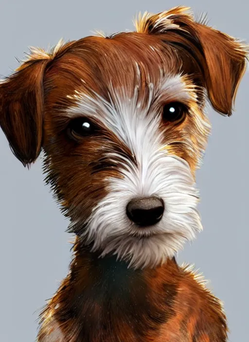 Image similar to a very cute wire haired jack russell terrier puppy. he is white with brown spots and brown patches over both eyes. clean cel shaded vector art. shutterstock. behance hd by lois van baarle, artgerm, helen huang, by makoto shinkai and ilya kuvshinov, rossdraws, illustration, art by ilya kuvshinov