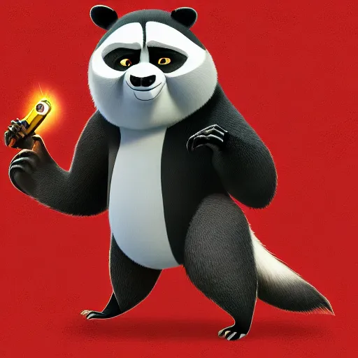 Image similar to “ portrait of a racoon in the style of kung fu panda holding laser gun, with a black background, digital art, award winning, trending on art station, retro style ”