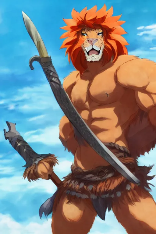 Image similar to muscular lion barbarian wearing a holding a sword, fursona, anthro, male, anime key visual, detailed orange fur, loincloth, makoto shinkai, portrait