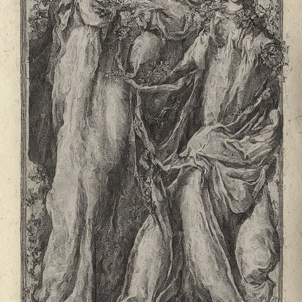 Prompt: etching of the immaculate heart of mary, highly detailed, with a baroque border, rococo styling, black and white, preserved from a 17th century breviary on vellum