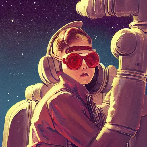 Prompt: back view, highly detailed painting, blonde young tomboy butch girl in hoodie, victorian brass goggles, short hair, on crowded sci fi 1 9 8 0 s space station, graffiti, at night, artgerm, artstation, mignola, digital painting