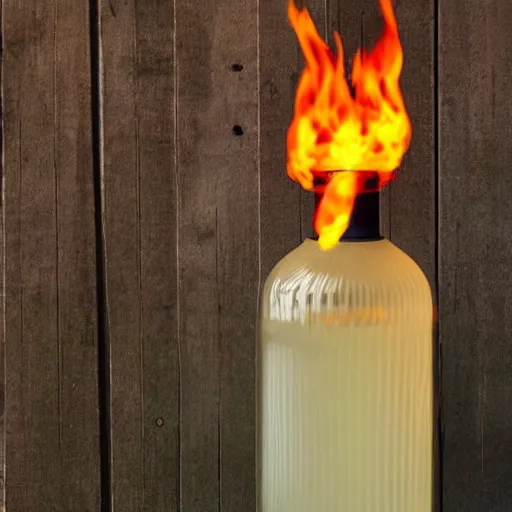 Prompt: a magazine photo of a translucent glass vodka bottle in the style of a propane cylinder with fire surrounding it