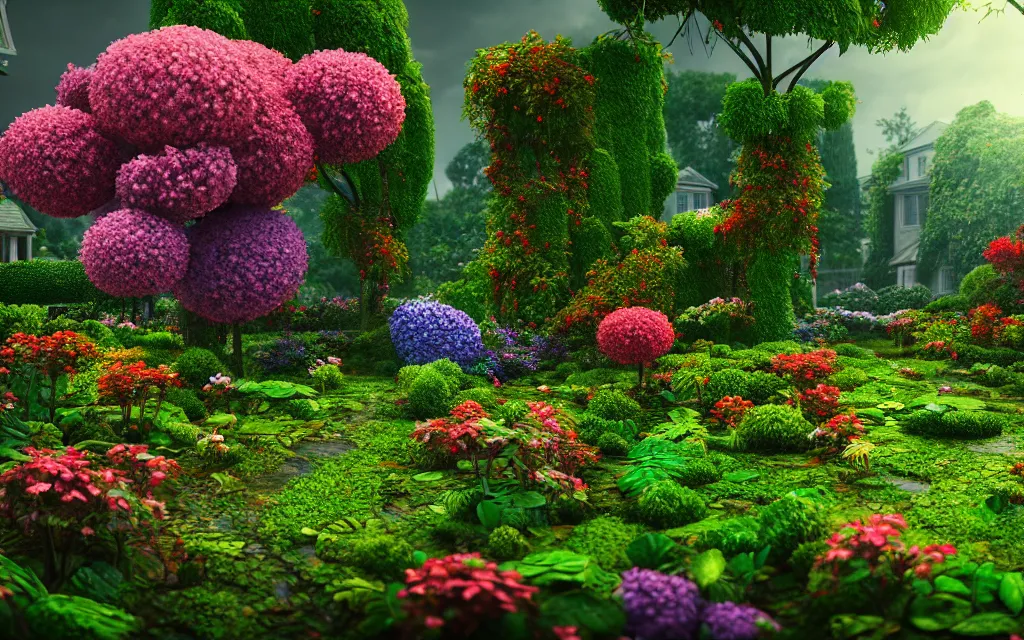 Image similar to a sprawling garden with many flowers and vines, rainy day, beautiful lighting, bright colors!, highly detailed, cinematic, octane render, 4 k, trending on artstation, deviantart featured