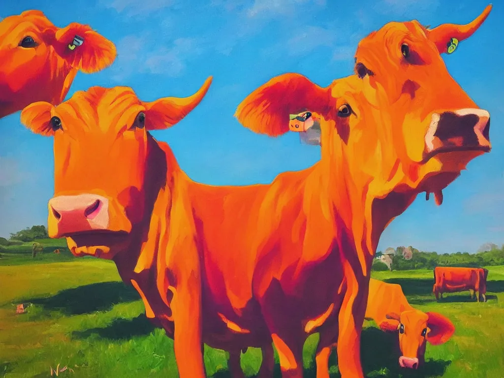 Prompt: Guernsey Cows, bright colors, neon orange, beauty, summer vibes, trending on artstation