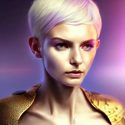 Prompt: futuristic woman android portrait, sci-fi female, striking azure eyes, face, short platinum hair tomboy, cyberpunk femme fatale, intricate, elegant lady with alabaster skin, highly detailed gold filigree, digital painting, artstation, concept art, smooth, sharp focus, illustration, studio photo by artgerm and greg rutkowski and alphonse mucha:3, overexposed, dark, gray, monochrome:-4