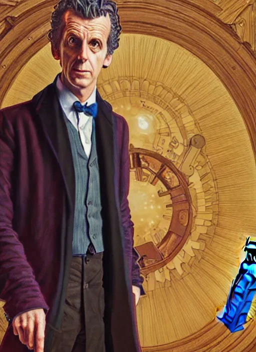 Image similar to oil portrait of the twelfth doctor from doctor who with his tardis, intricate, elegant, highly detailed, lighting, painting, artstation, smooth, illustration, art by greg rutowski and alphonse mucha