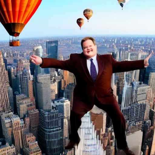 Image similar to Andy Richter wearing a brown suit and necktie riding in the basket of a hot air balloon above nyc