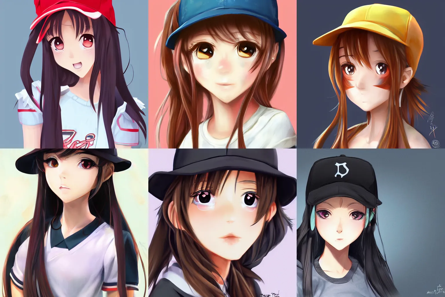 Prompt: portrait of cute anime girl, long hair, baseball hat, ponytail, trending on artstation, art by tigerjune.