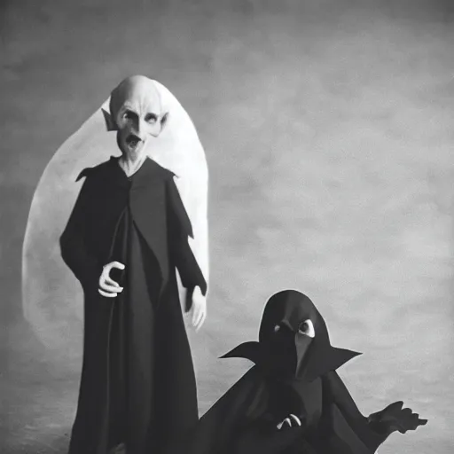 Image similar to portrait of nosferatu playing with his kid, realistic detailed photography, kodak 5 2 1 9 film, 5 0 mm lens