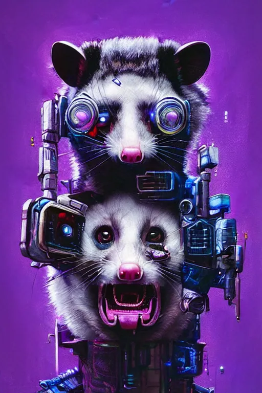 Image similar to a beautiful portrait of a cute cyberpunk opossum screaming by sandra chevrier and greg rutkowski and wlop, purple blue color scheme, high key lighting, volumetric light, digital art, highly detailed, fine detail, intricate, ornate, complex, octane render, unreal engine, photorealistic