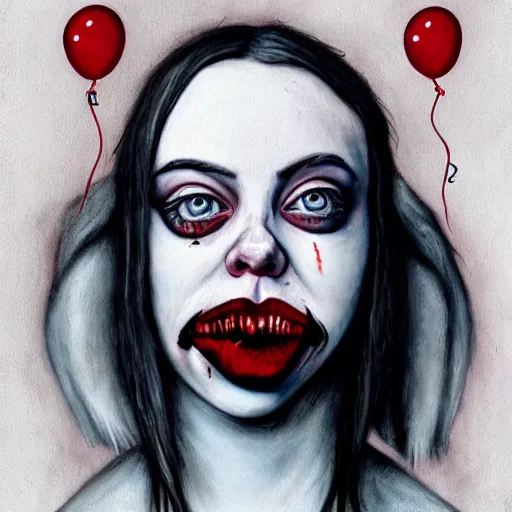 Image similar to grunge painting of billie eilish split down the middle with a wide smile and a red balloon by chris leib, loony toons style, pennywise style, corpse bride style, horror theme, detailed, elegant, intricate