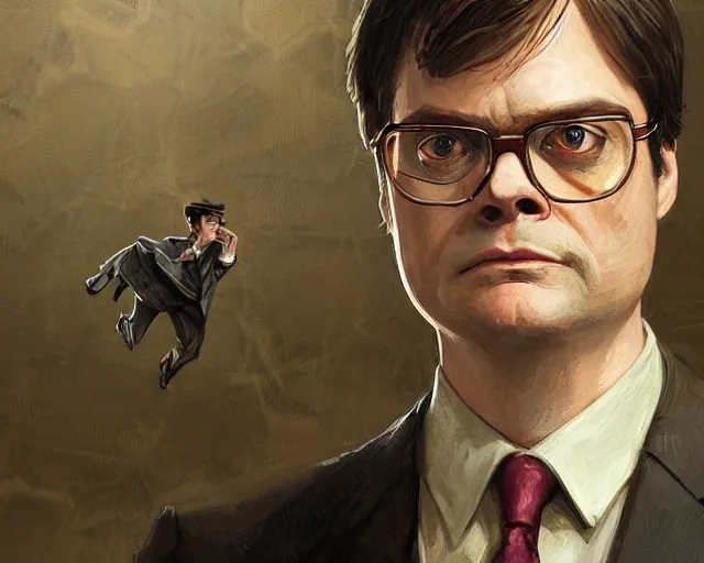 Prompt: close up of dwight schrute wearing a brown suit, mustard yellow dress shirt and necktie, focus, d & d, intricate, elegant, highly detailed, digital painting, artstation, concept art, matte, sharp focus, illustration, hearthstone, art by artgerm and greg rutkowski and alphonse mucha