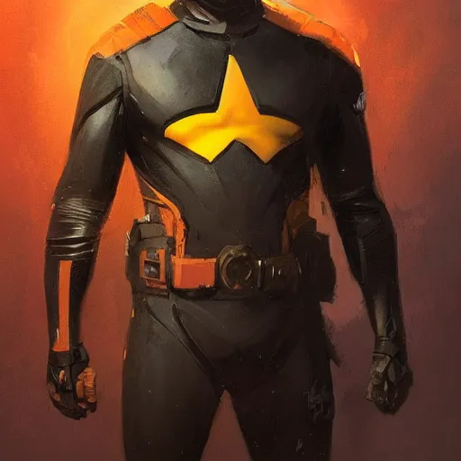 Image similar to portrait of a superhero by greg rutkowski, he looks like joseph quinn, he is wearing a black, orange and yellow kevlar gear, highly detailed portrait, digital painting, artstation, concept art, smooth, sharp foccus ilustration, artstation hq