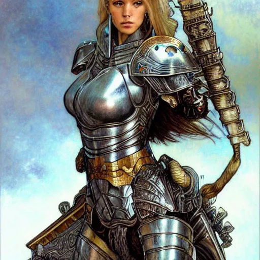 Prompt: quarter length portrait of a armored female paladin, d & d, fantasy, luis royo, magali villeneuve, donato giancola, wlop, krenz cushart, hans zatka, klimt, alphonse mucha