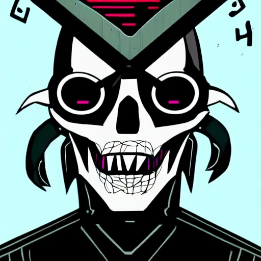 Image similar to a cyberpunk skull character drawn in the style of samurai jack