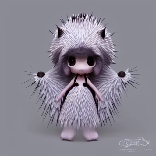 Image similar to cute fumo plush of a hedgehog girl with prickly spines, character design contest winner, silhouette, artstation, vray, anime girl, black and white, gothic dress