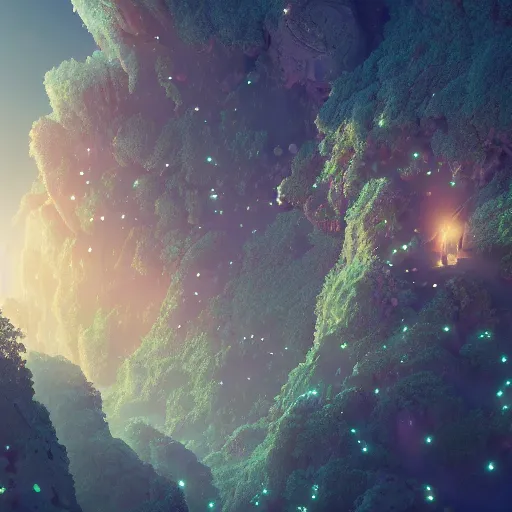 Prompt: falling lights in crystal clusters buoying you into the future the intricate beauty of the rock music fades in the heavens are here, studio ghibli, pascal blanche, 8 k, octane render