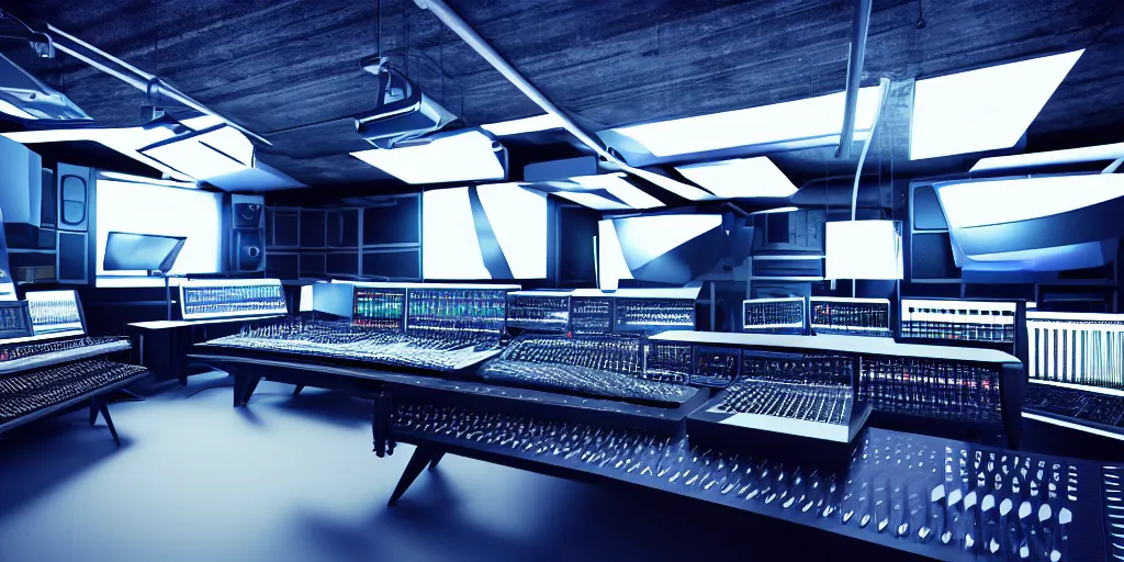 Prompt: futuristic music studio full of mixers, stands and speakers, synthesizer racks, futuristic chairs, led stripes, illuminated knobs, illuminated faders, intricate insanely detailed octane render, 8K artistic photography, ultra photorealistic