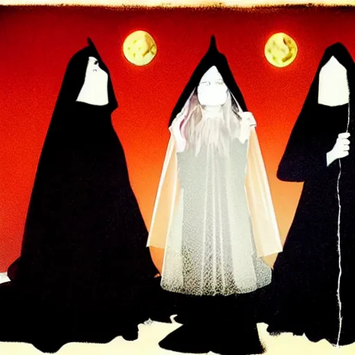 Image similar to in the style of Gottfried Helnwein, Steve Niles Norman Rockwell, three female witches dressed in black with veils:: graveyard:: red moon:: vampire blonde woman::