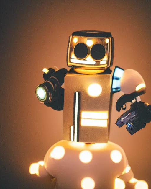 Image similar to high quality presentation night photo of an illuminated cute retro robot girl, photography 4k, f1.8 anamorphic, bokeh, 4k, Canon, Nikon