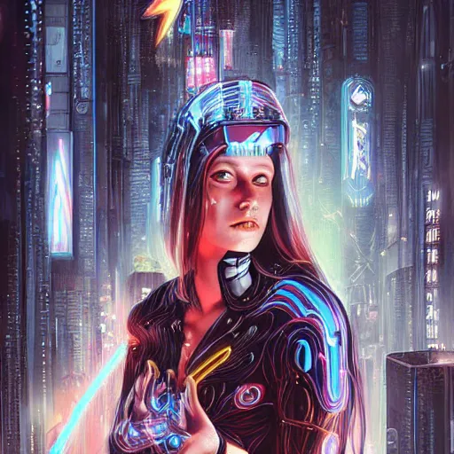 Image similar to a painting of a woman with a lightning bolt radiating from her temples, cyberpunk art by mark brooks, trending on deviantart, fantasy art, dystopian art, darksynth, quantum wavetracing