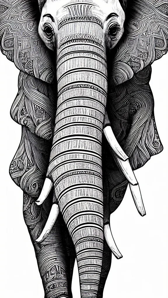 Image similar to small realistic fine line art of a stylized elephant with abstract geometric patterns, fine line art, highly detailed, hd, concept