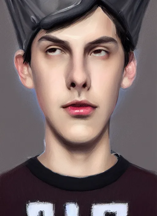 Image similar to portrait of teenage jughead jones wearing a light grey crown, photorealistic, crown, eyes closed, crown, black hair, sweater with letter s on it, letter s, intricate, elegant, glowing lights, highly detailed, digital painting, artstation, concept art, smooth, sharp focus, illustration, art by wlop, mars ravelo and greg rutkowski