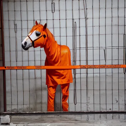 Prompt: horse wearing orange inmate clothes, in a jail