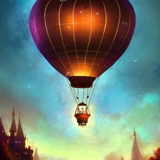 Image similar to a beautiful stunning fantasy whimsical matte digital illustration of a hot - air balloon powered by magic over a lit city at night by marc simonetti, pastel color palette, disney magic the gathering steampunk, chiaroscuro magical bokeh moon stars dramatic romantic, trending on artstation hq, masterpiece