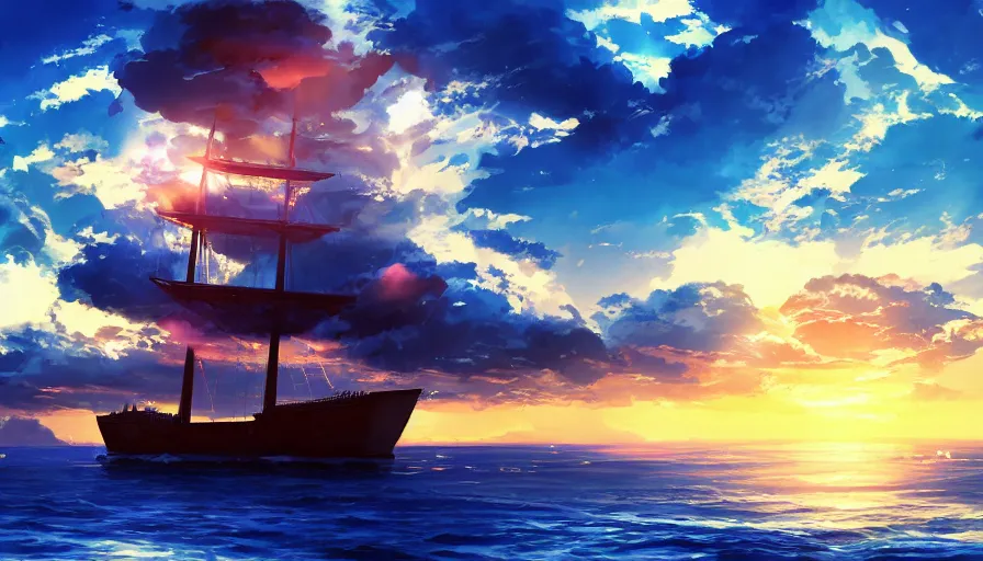 Prompt: one piece ship sailing, dark blue storm sky, sun sunset, with blue light piercing through clouds, makoto shinkai, royal blue colors, lighting refraction, volumetric lighting, pixiv art, highly detailed, anime art, symmetrical, wlop, anime art