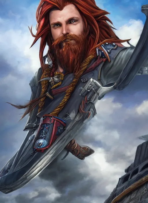 Image similar to An epic fantasy comic book style portrait painting of a long haired, red headed male sky-pirate in front of an airship yu-gi-oh style , unreal 5, DAZ, hyperrealistic, octane render, cosplay, RPG portrait, dynamic lighting