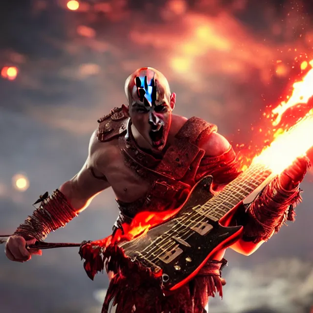 Image similar to glowing eyes kratos shredding on a flaming stratocaster guitar, cinematic render, god of war 2 0 1 8, santa monica studio official media, flaming eyes, lightning