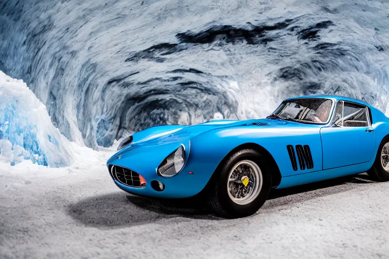 Image similar to cinematography of Ferrari 250 GTO series 2 in a blue ice cave by Emmanuel Lubezki
