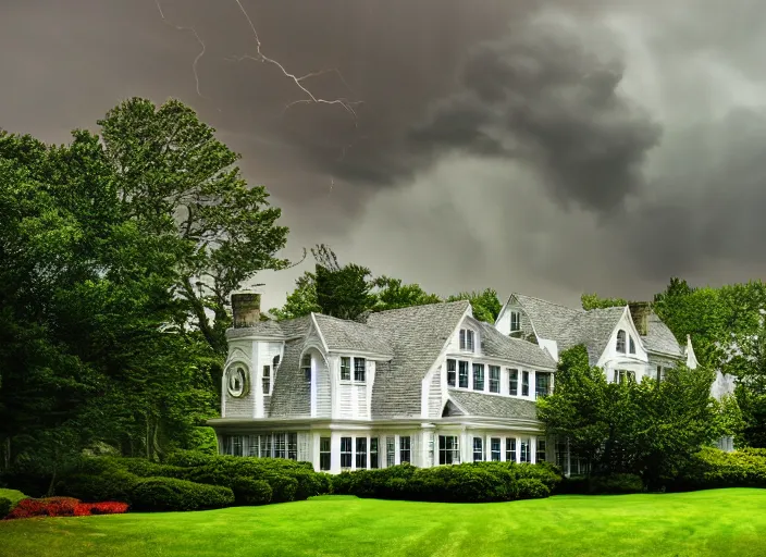 Prompt: landscape photography cape cod mansion, warm lightning, beautiful, clouds, kodachrome, 4 k, hd