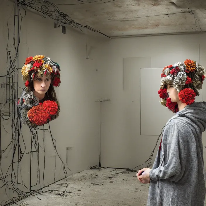 Image similar to a woman wearing a hood made of wire and zinnias, in an abandoned office building, by jan van eyck, canon eos c 3 0 0, ƒ 1. 8, 3 5 mm, 8 k, medium - format print