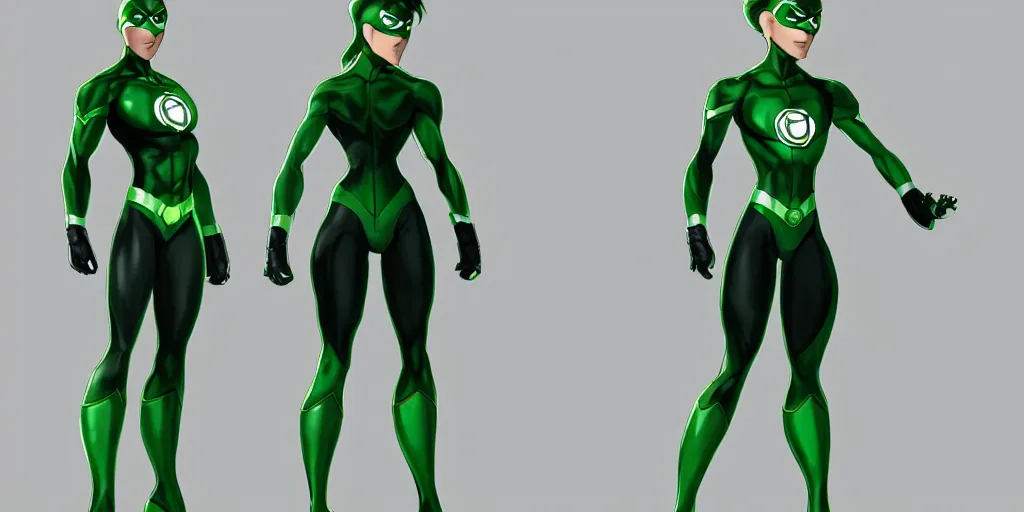 Image similar to full body exaggerated outfit, female green lantern character clean concepts by senior concept artist in the anime film, suit, powers, glowing, stronge, smooth, high detail, featured on artstation