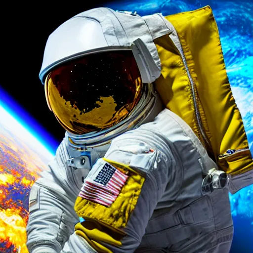 Image similar to astronaut in space, galactic background reflections on suit on one side and a yellow planet on the other side