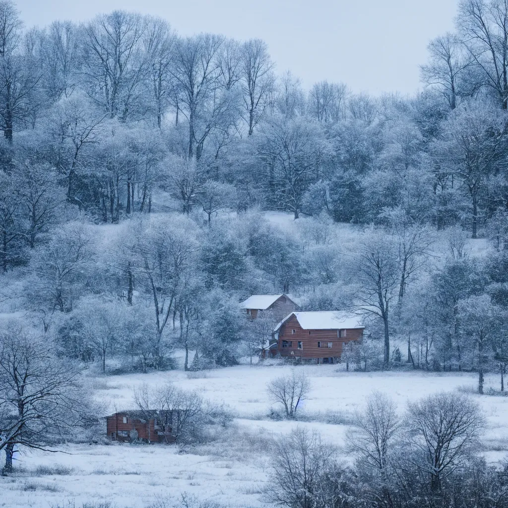 Image similar to landscape with house near forest and small pond, sunny winter evening, snowing, blizzard ambient, atmospheric, mystical, very detailed 4 k, professional photography