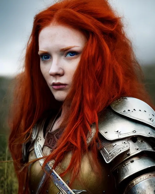 Image similar to north adult female warrior, red hair, ginger hair, long hair, fantasy, female Viking, high detailed, photography, cloudy, lightweight leather armour, Scandinavia, plain, detailed face, beautiful face, beautiful girl, look into the distance, professional model, glowing skin, serious face, full body,in full growth, professional photographer, masterpiece, 50 mm, extremely detailed, sharp focus, 8k, 3D