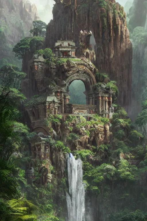 Image similar to carved into a Mountain a temple above a waterfall, arches adorned pillars, archways, gnarly trees, lush vegetation, forrest, a small stream runs beneath the waterfall, landscape, raphael lacoste, eddie mendoza, alex ross, concept art, matte painting, highly detailed, rule of thirds, dynamic lighting, cinematic, detailed, denoised, centerd